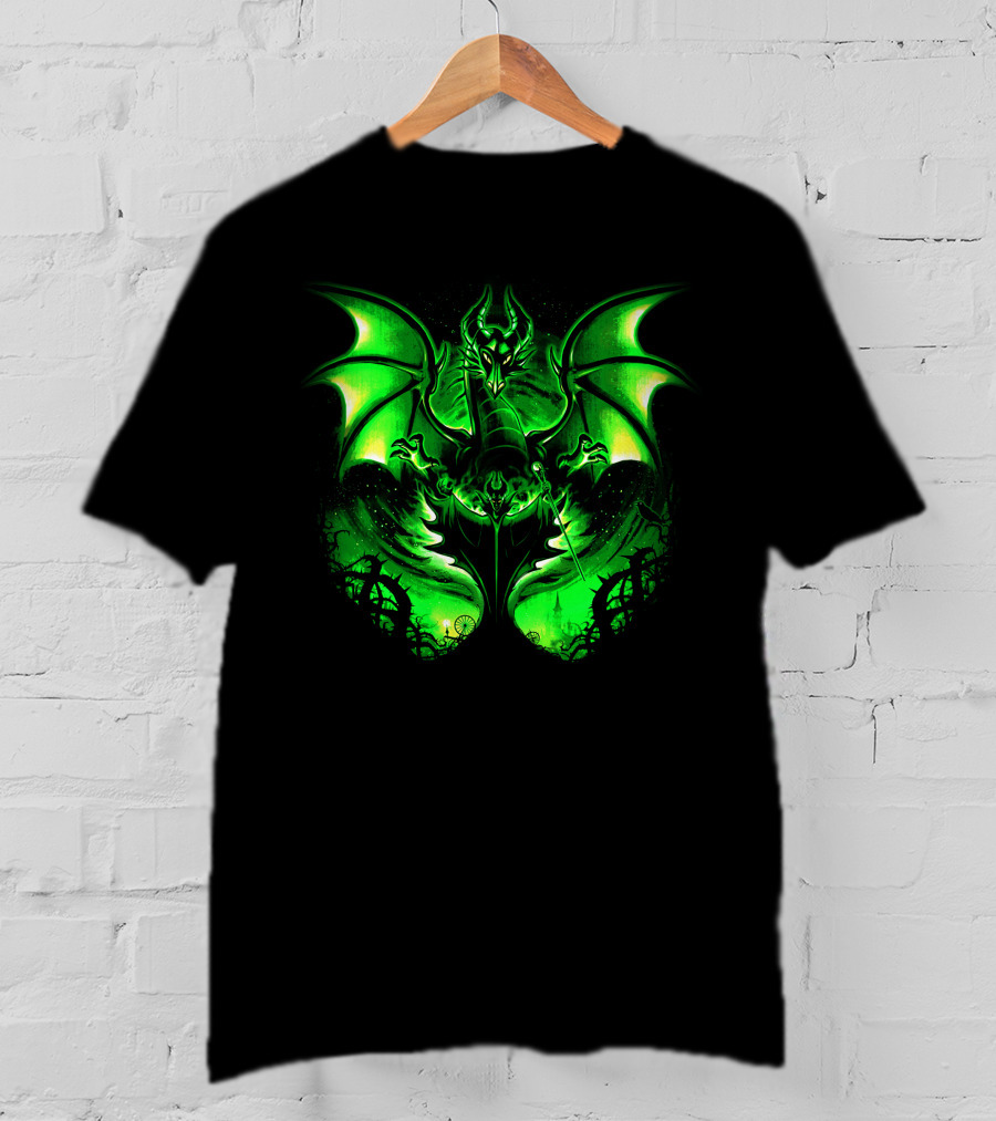 Maleficent 2 Dark Green Dragon Art Fantastical Scene Ravens Winding Thorns T-Shirt