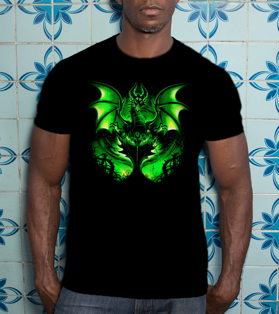 Maleficent 2 Dark Green Dragon Art Fantastical Scene Ravens Winding Thorns T-Shirt