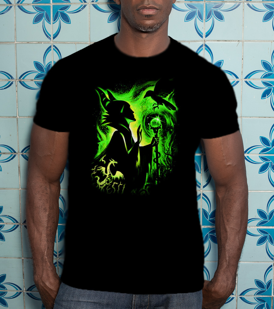 Maleficent 3 Dragon Silhouette And Green Magic Staff Scene T-Shirt