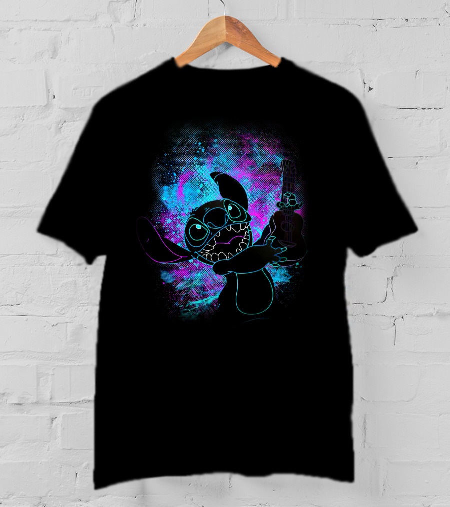 Stitch Neon Glow Playing Guitar Art T-Shirt