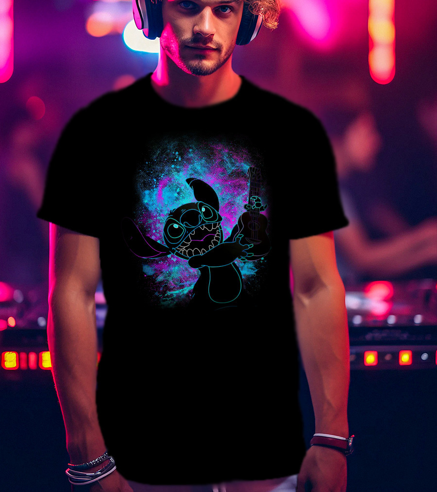 Stitch Neon Glow Playing Guitar Art T-Shirt