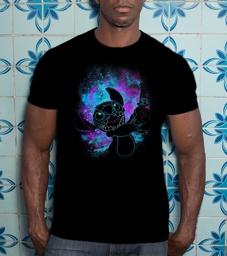 Stitch Neon Glow Playing Guitar Art T-Shirt