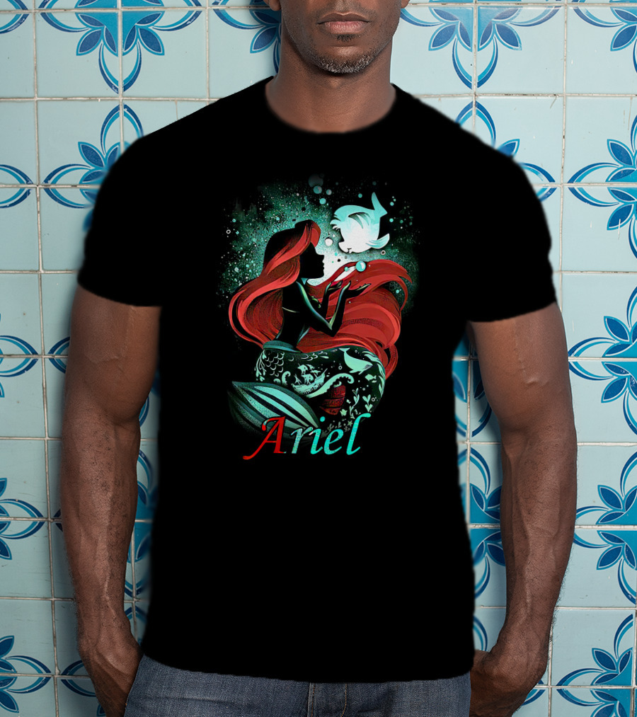 Ariel Silhouette With Red Hair And Fish Bubbles T-Shirt