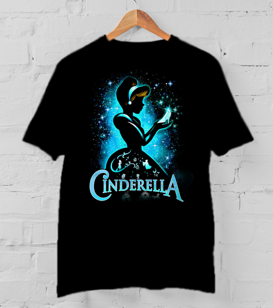 Cinderella Silhouette Holding Glass Slipper With Enchanted Blue Starry T-Shirt