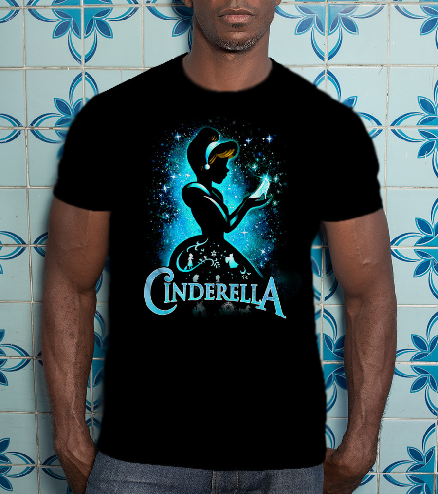 Cinderella Silhouette Holding Glass Slipper With Enchanted Blue Starry T-Shirt