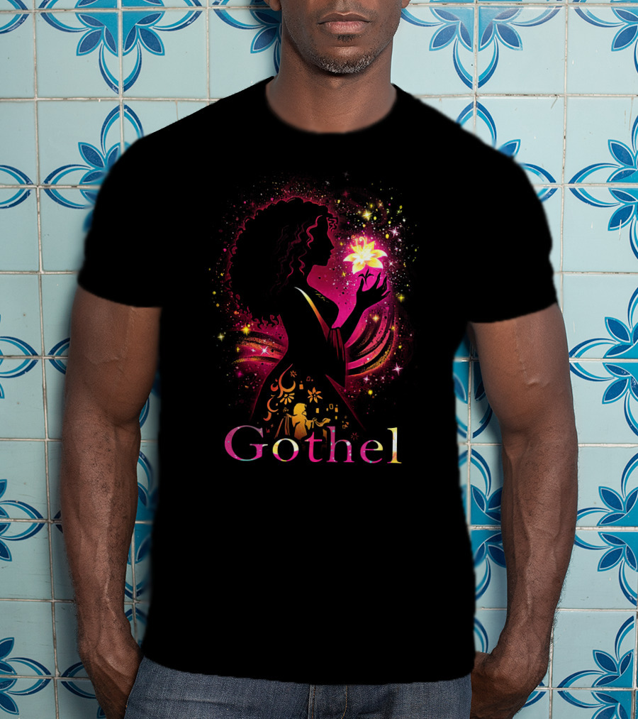 Gothel Silhouette With Glowing Flower And Cosmic Background T-Shirt