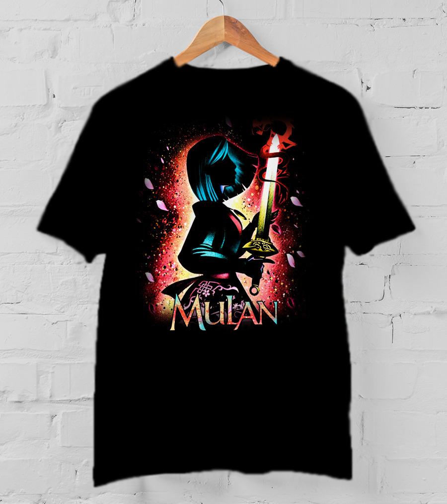 Mulan Sword Silhouette With Blossoms And Colorful T-Shirt