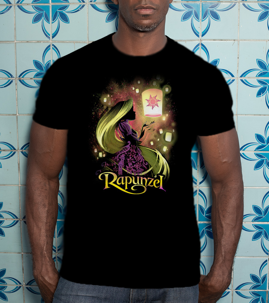 Rapunzel Lantern Silhouette With Glowing Hair And Floating Lights T-Shirt