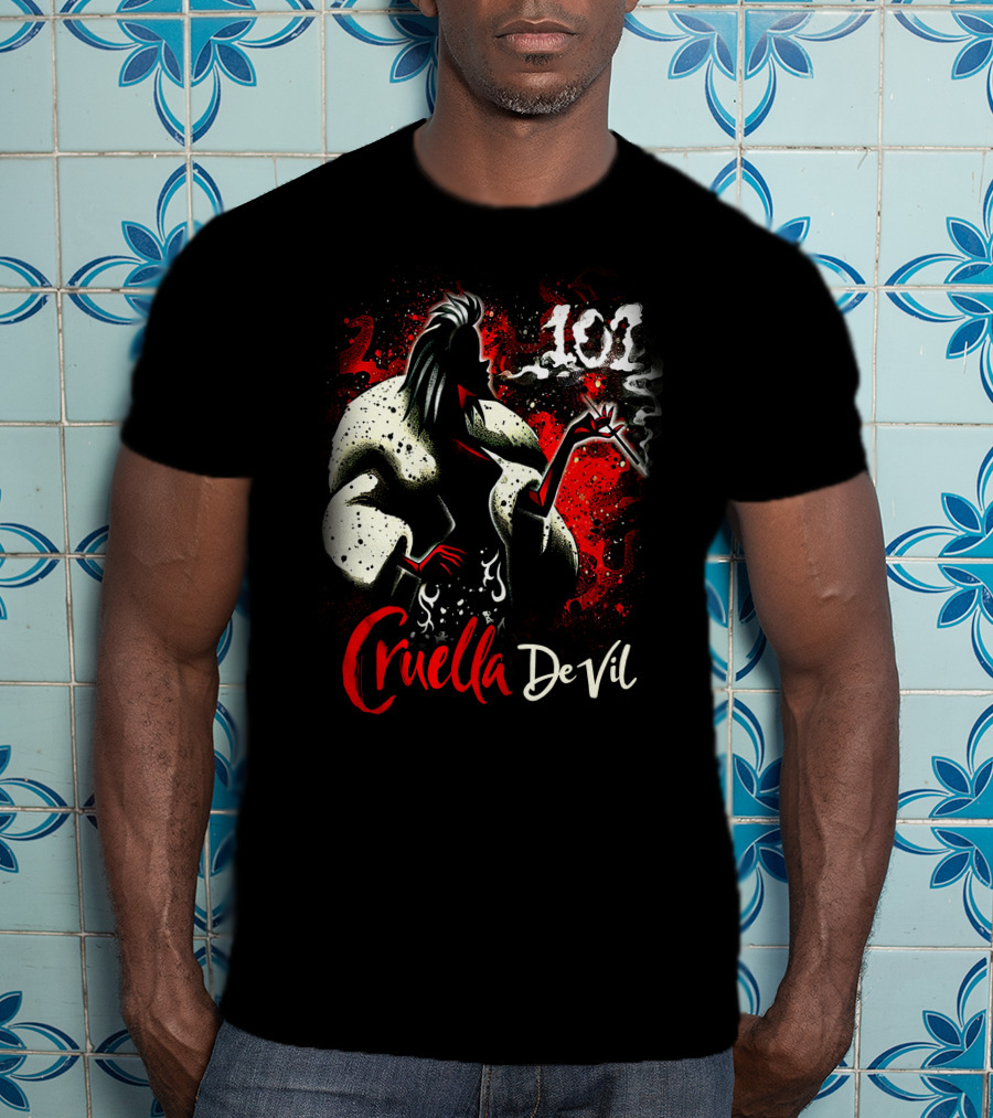 Cruella De Vil 101 Smoky Silhouette With White Fur And Red Highlights T-Shirt