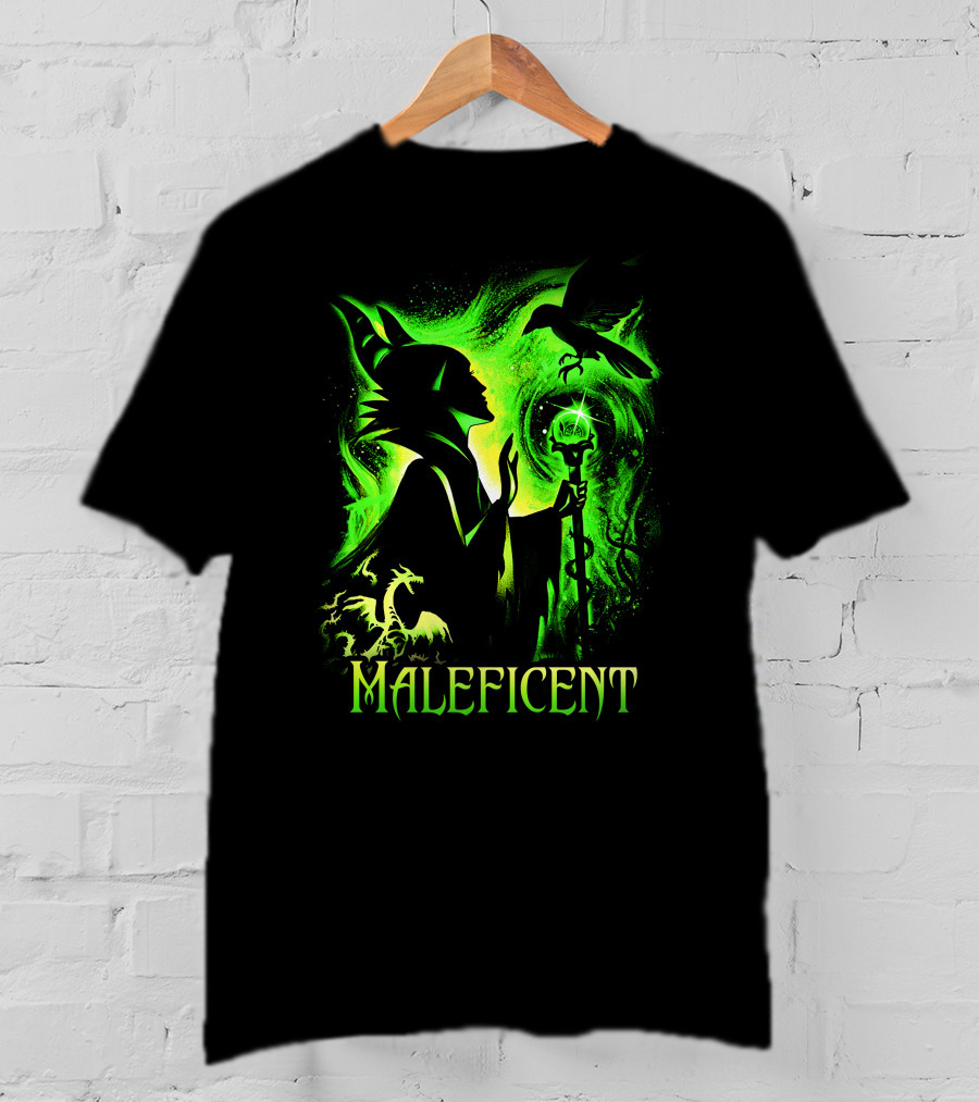 Maleficent Green Silhouette With Dragon Raven And Staff T-Shirt