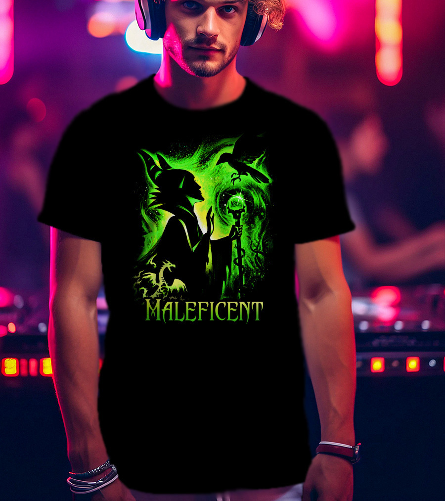 Maleficent Green Silhouette With Dragon Raven And Staff T-Shirt