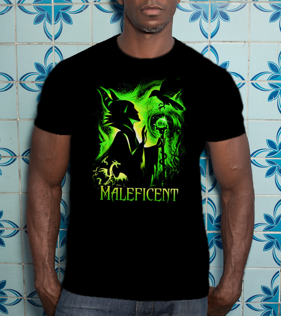 Maleficent Green Silhouette With Dragon Raven And Staff T-Shirt
