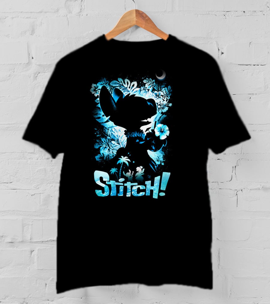 Stitch Tropical Silhouette With Palm Trees And Flowers T-Shirt