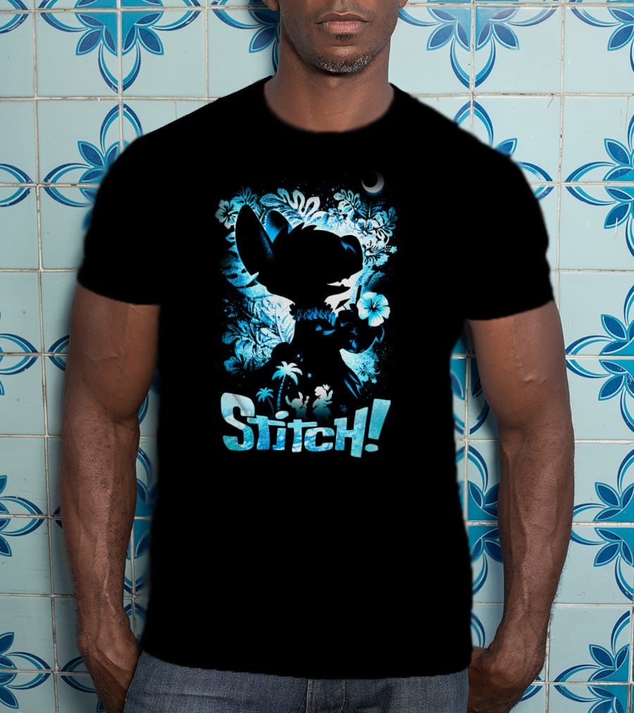Stitch Tropical Silhouette With Palm Trees And Flowers T-Shirt