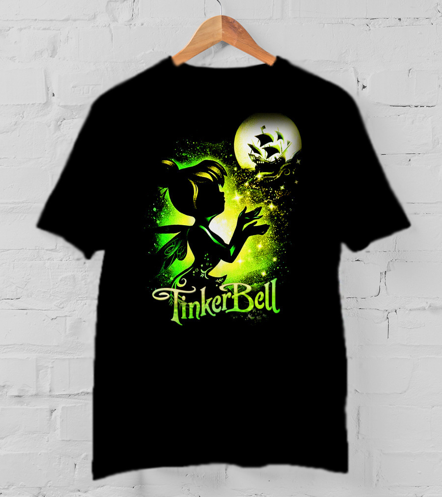 Tinker Bell Silhouette With Ship And Crescent Moon Magic Glow T-Shirt