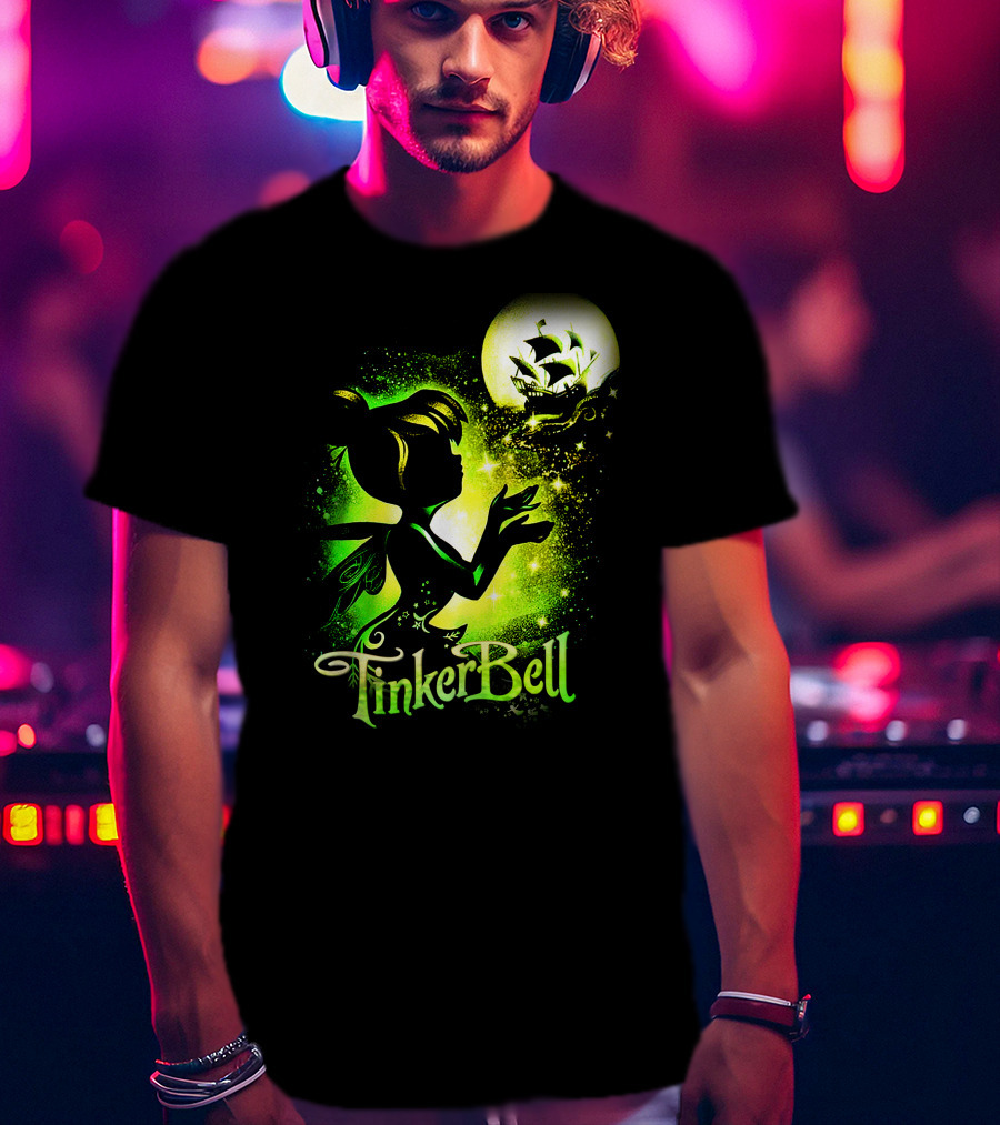 Tinker Bell Silhouette With Ship And Crescent Moon Magic Glow T-Shirt
