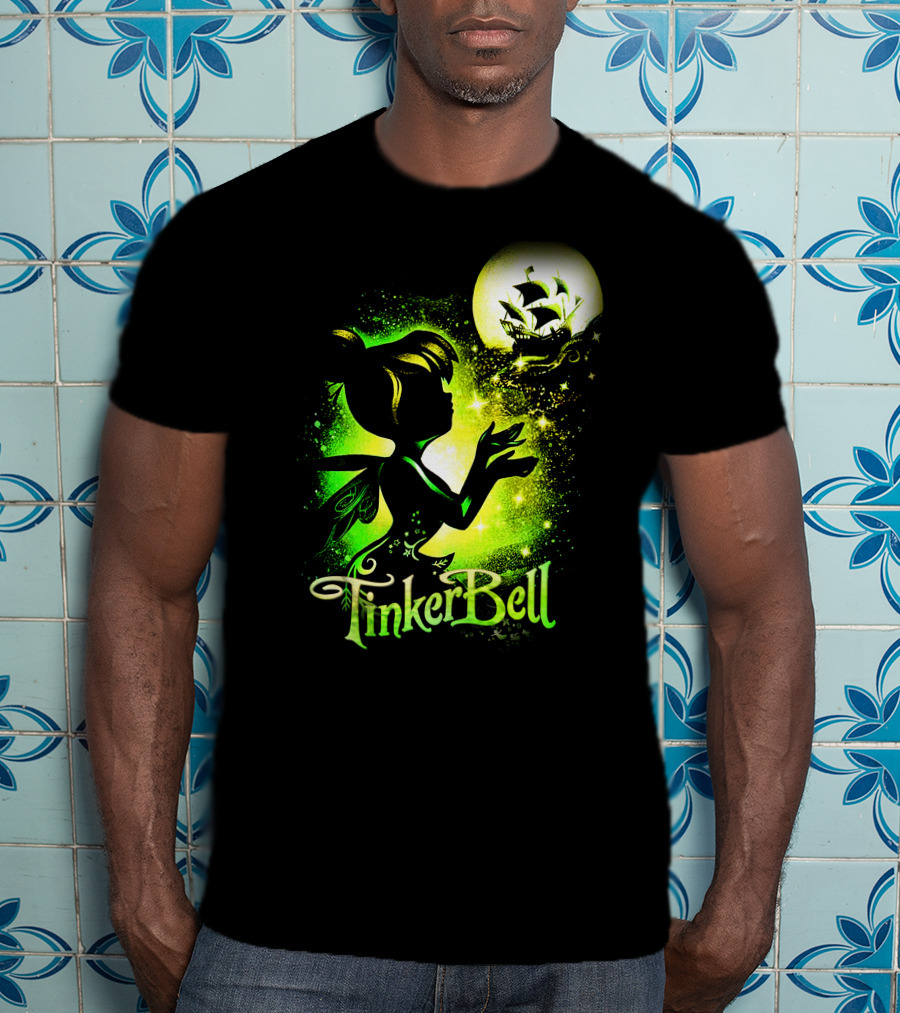 Tinker Bell Silhouette With Ship And Crescent Moon Magic Glow T-Shirt