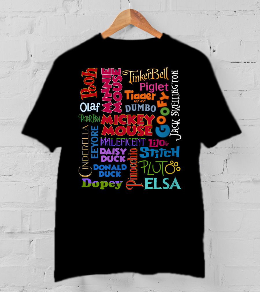Disney Characters Names Tinker Bell Pooh Olaf Mickey Mouse Cinderella Goofy Elsa Jack Skellington T-Shirt