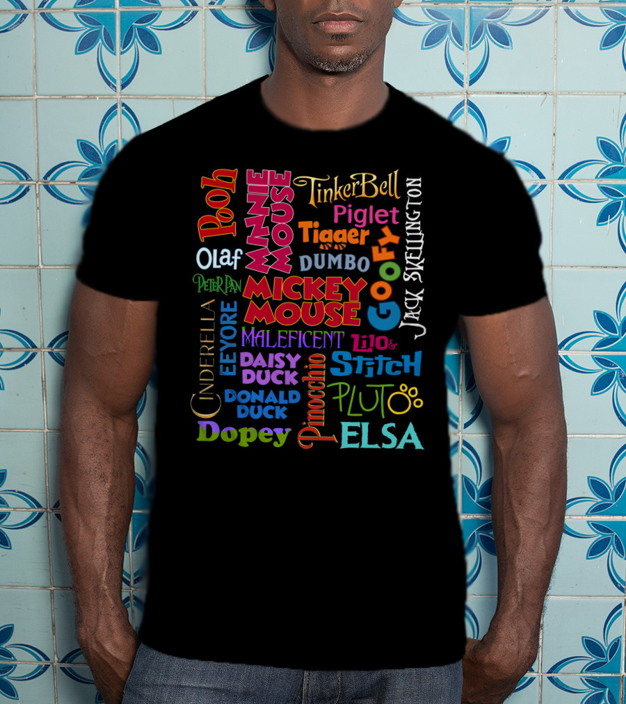 Disney Characters Names Tinker Bell Pooh Olaf Mickey Mouse Cinderella Goofy Elsa Jack Skellington T-Shirt