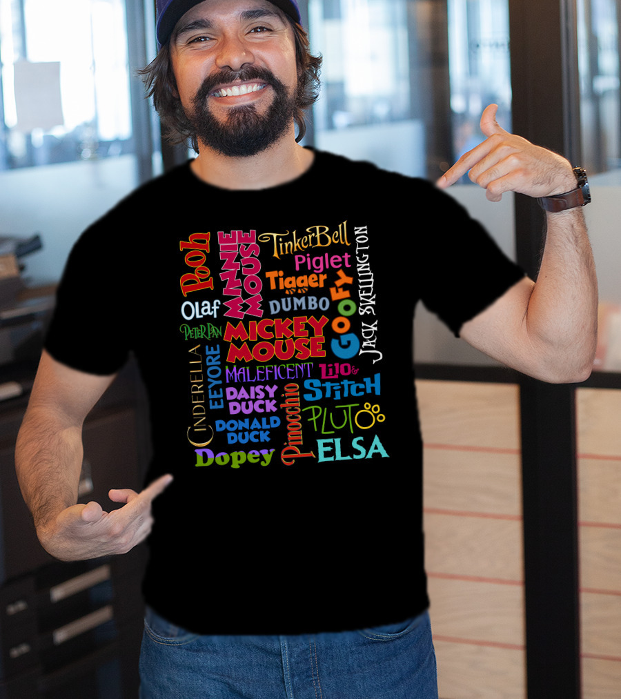 Disney Characters Names Tinker Bell Pooh Olaf Mickey Mouse Cinderella Goofy Elsa Jack Skellington T-Shirt