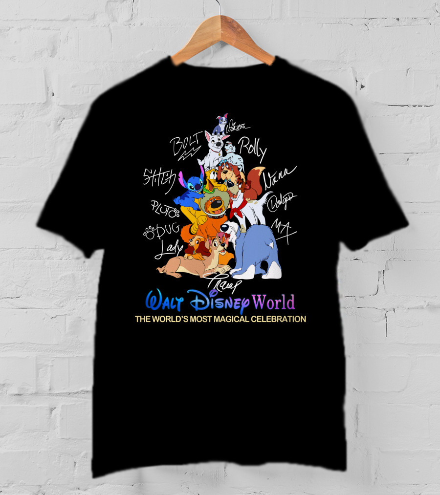 Walt Disney World Dogs Celebration Stitch Pluto Bolt Lady Tramp Nana Dodger Max Pongo Rolly T-Shirt