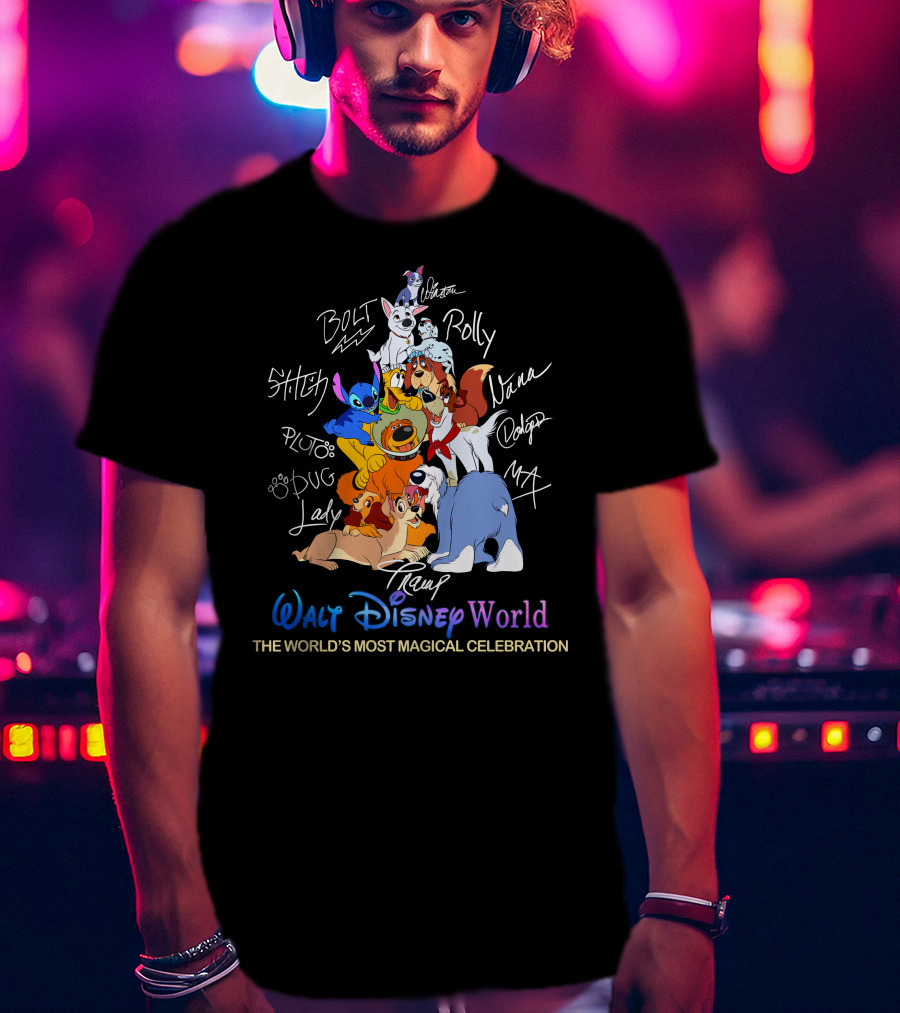 Walt Disney World Dogs Celebration Stitch Pluto Bolt Lady Tramp Nana Dodger Max Pongo Rolly T-Shirt