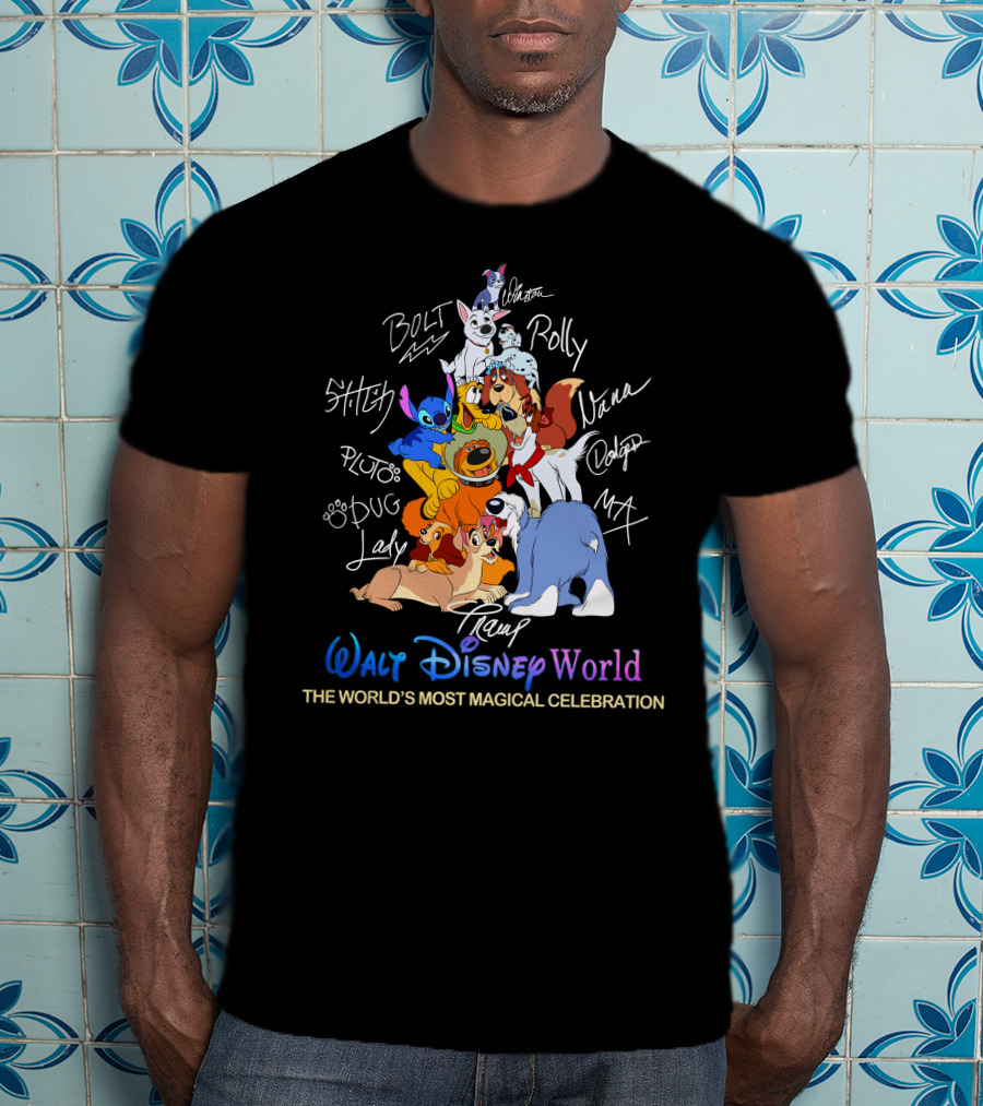 Walt Disney World Dogs Celebration Stitch Pluto Bolt Lady Tramp Nana Dodger Max Pongo Rolly T-Shirt