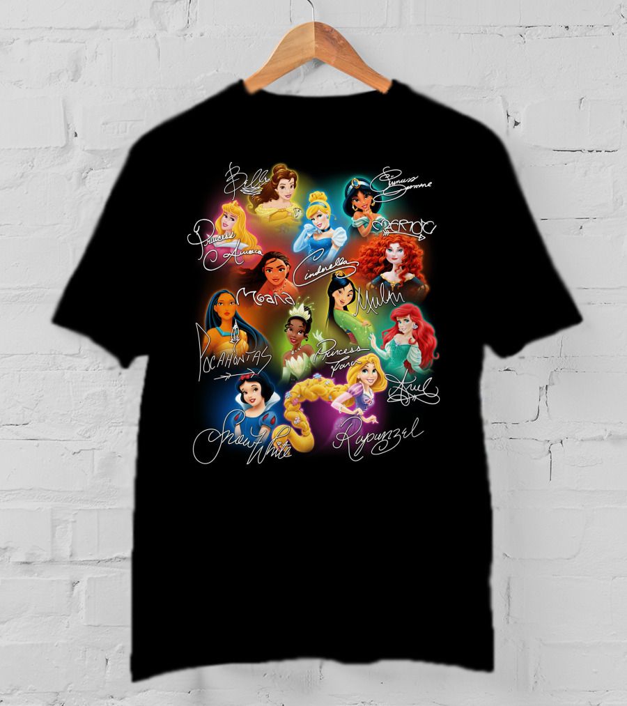 Belle Aurora Moana Pocahontas Snow White Jasmine Rapunzel Cinderella Tiana Mulan Ariel Merida T-Shirt