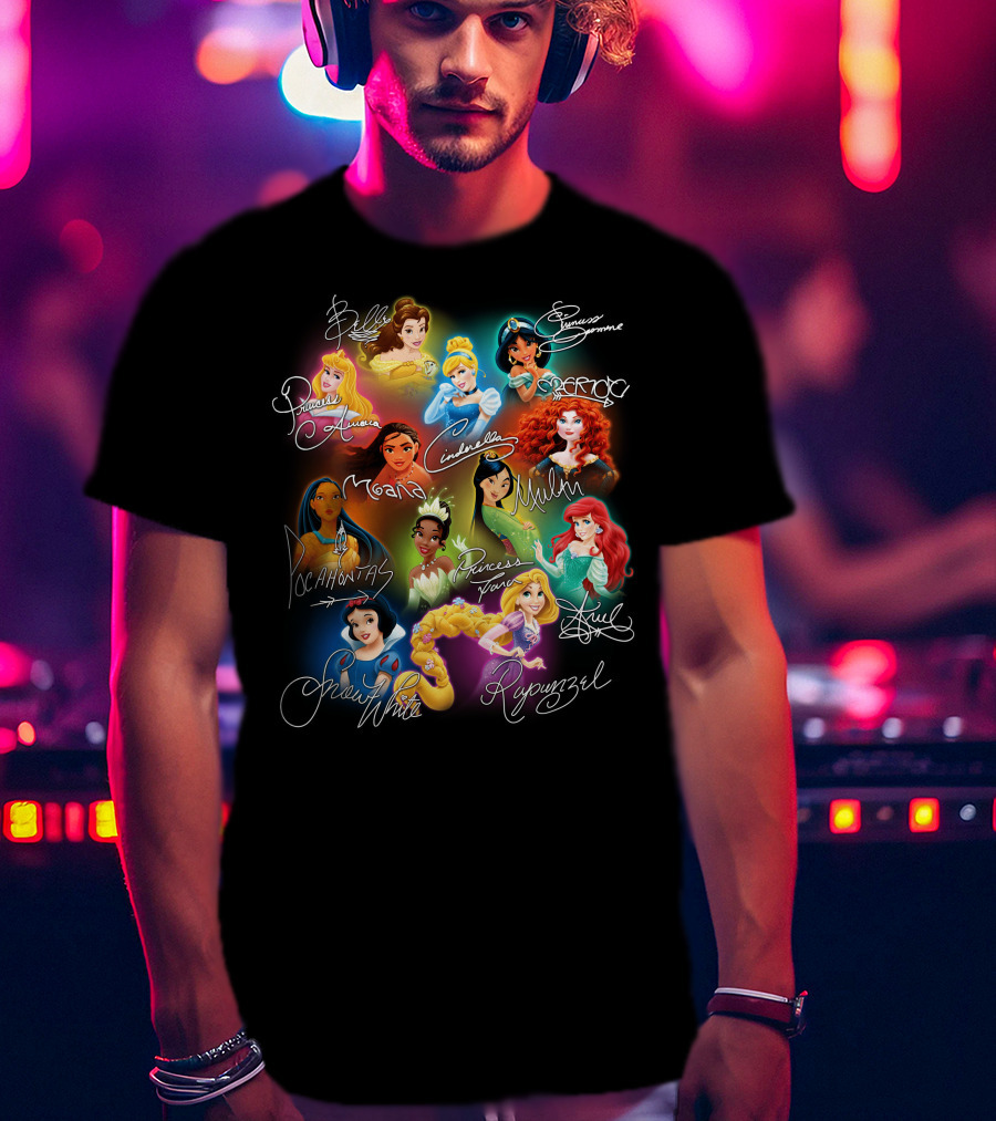 Belle Aurora Moana Pocahontas Snow White Jasmine Rapunzel Cinderella Tiana Mulan Ariel Merida T-Shirt