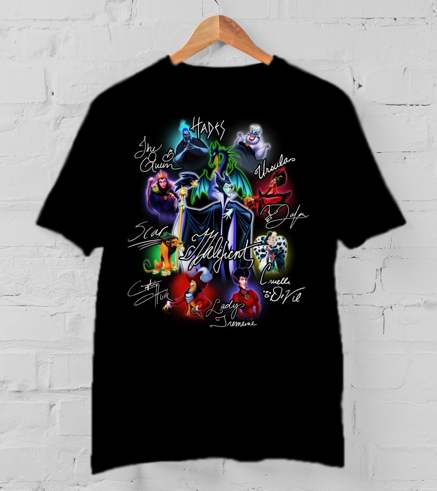 Disney Villains Maleficent Hades Ursula Cruella De Vil Scar Captain Hook Queen Jafar Lady Tremaine T-Shirt