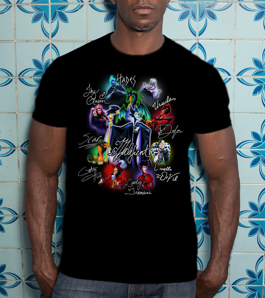 Disney Villains Maleficent Hades Ursula Cruella De Vil Scar Captain Hook Queen Jafar Lady Tremaine T-Shirt