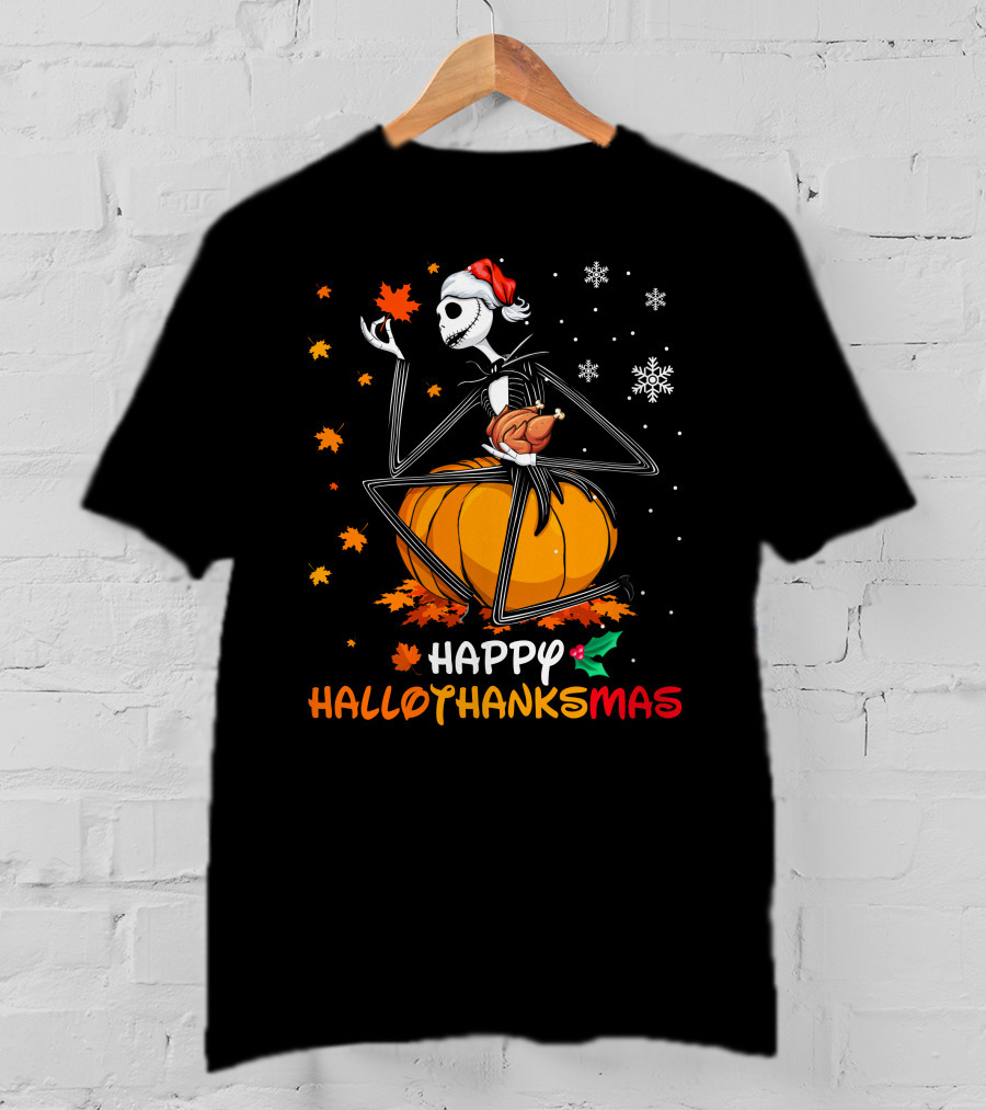 Happy Hallothanksmas Pumpkin Skeleton Holding Turkey T-Shirt