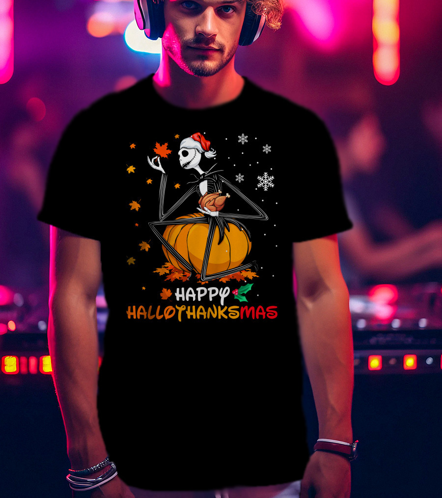 Happy Hallothanksmas Pumpkin Skeleton Holding Turkey T-Shirt
