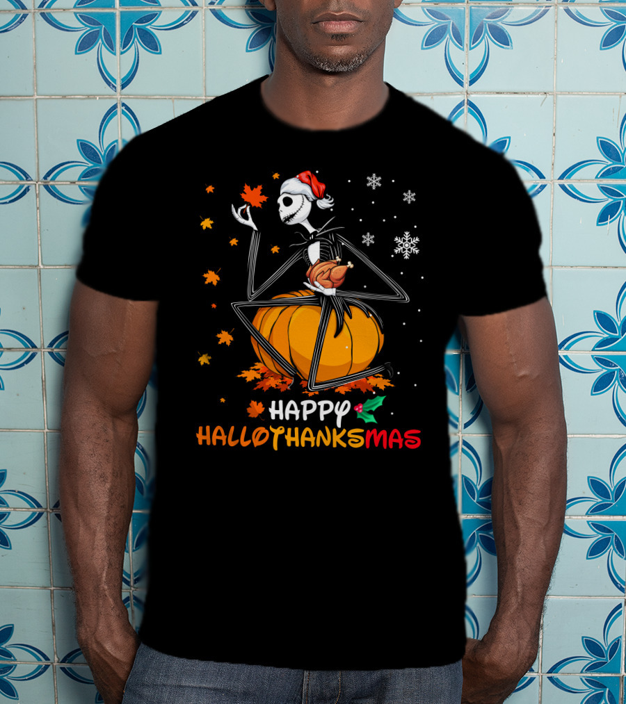 Happy Hallothanksmas Pumpkin Skeleton Holding Turkey T-Shirt