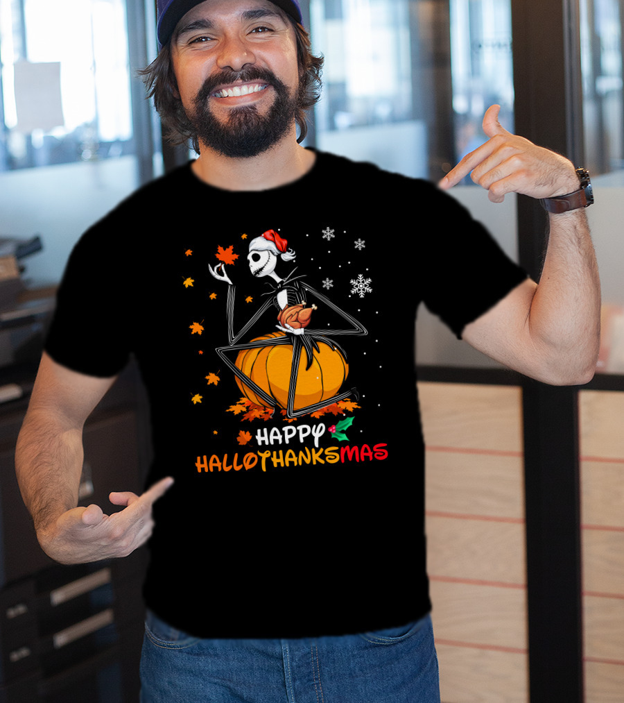 Happy Hallothanksmas Pumpkin Skeleton Holding Turkey T-Shirt