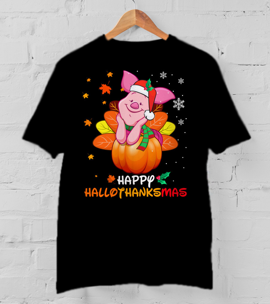 Happy Hallothanksmas Piglet In Pumpkin With Santa Hat And Scarf T-Shirt