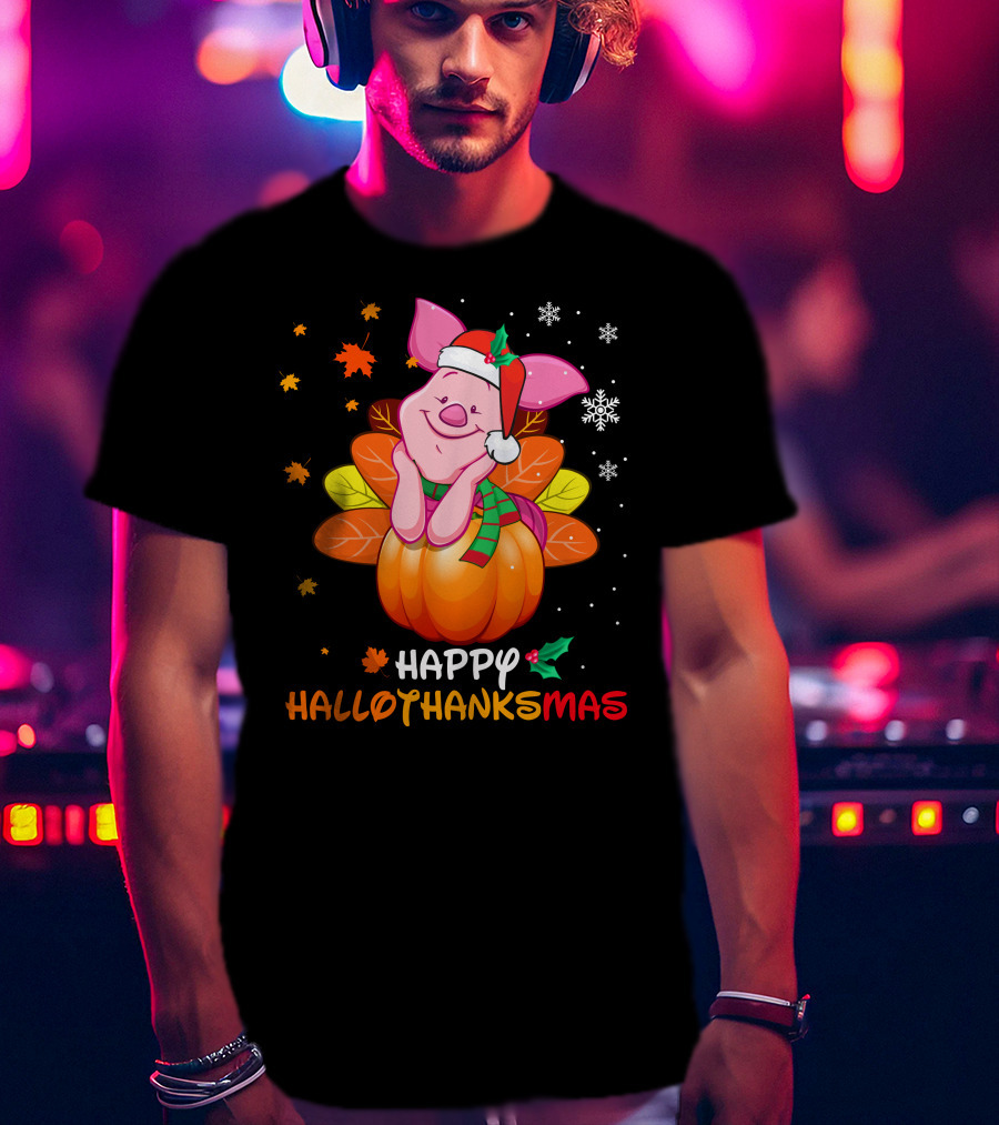 Happy Hallothanksmas Piglet In Pumpkin With Santa Hat And Scarf T-Shirt