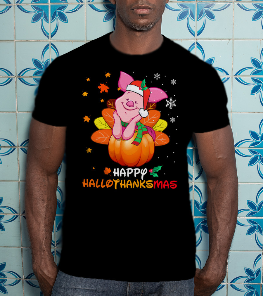 Happy Hallothanksmas Piglet In Pumpkin With Santa Hat And Scarf T-Shirt