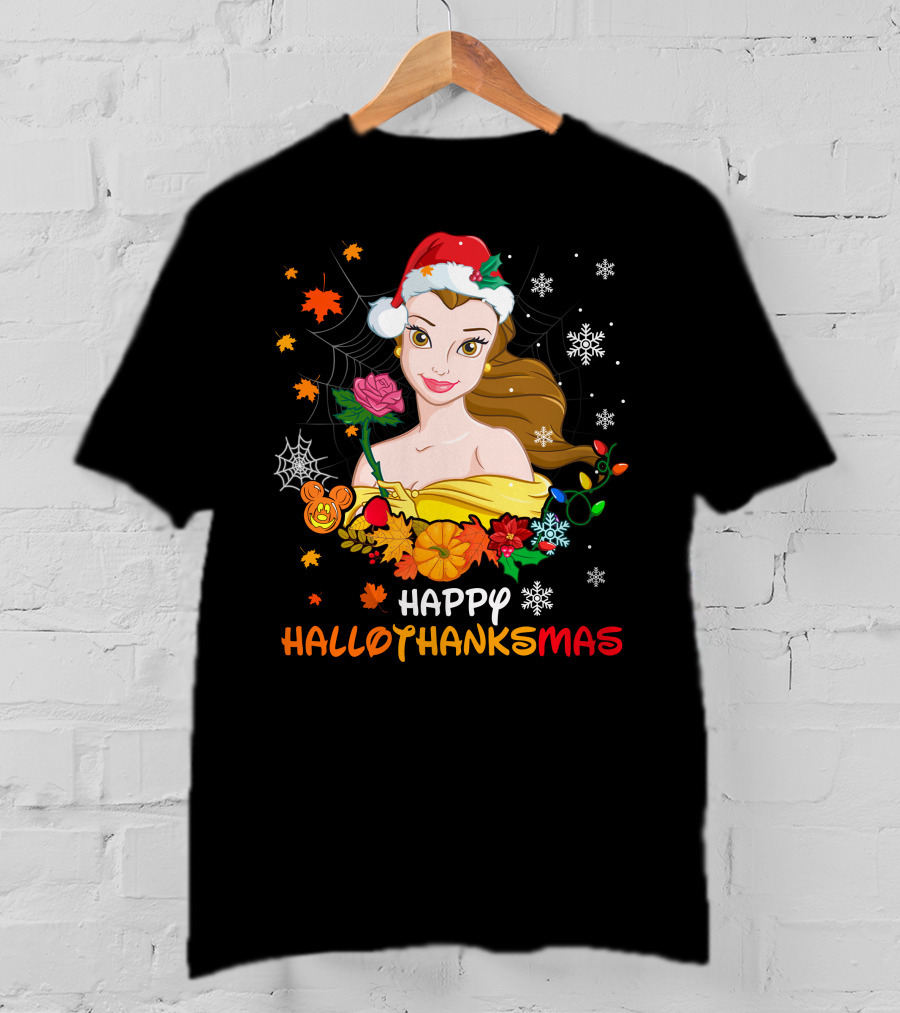 Happy Hallothanksmas - Belle In Santa Hat With Spider Webs Pumpkins And Lights T-Shirt