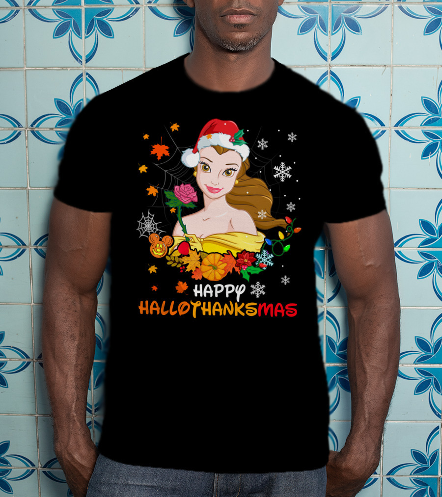 Happy Hallothanksmas - Belle In Santa Hat With Spider Webs Pumpkins And Lights T-Shirt