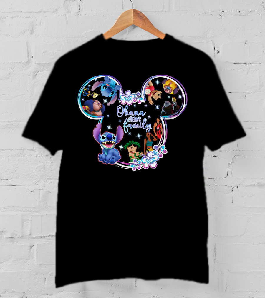 Ohana Means Family Stitch Mickey Ears Disney Characters Floral T-Shirt