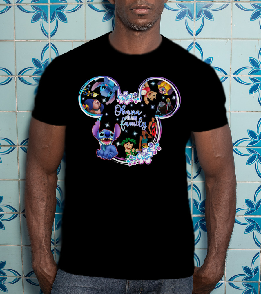 Ohana Means Family Stitch Mickey Ears Disney Characters Floral T-Shirt