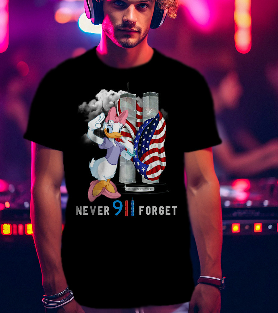 Never 9 11 Forget Daisy Twin Towers American Flag T-Shirt