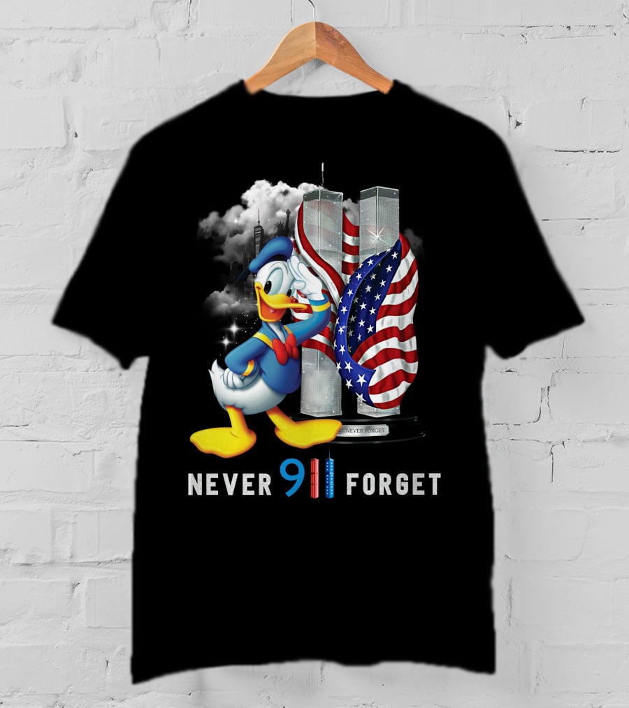 Donald Duck Never 9/11 Forget Twin Towers American Flag T-Shirt