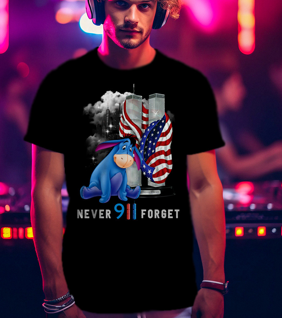 Eeyore Never 9/11 Forget Twin Towers American Flag T-Shirt