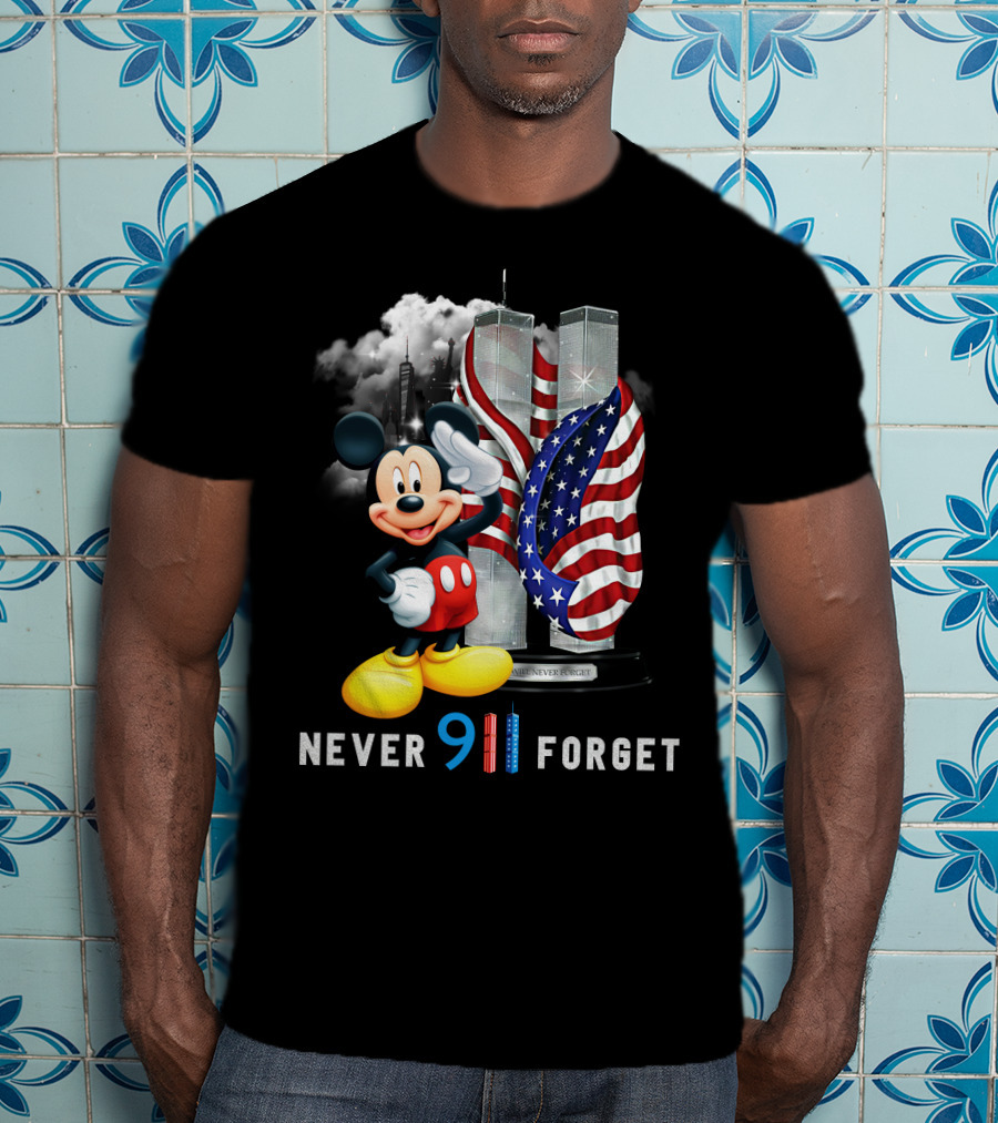 Never 9/11 Forget Mickey Twin Towers American Flag T-Shirt