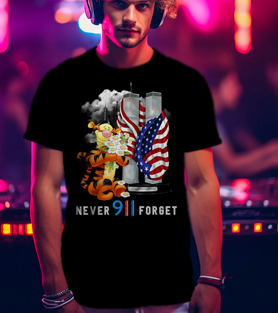 Never 911 Forget Tigger Holding Flowers Twin Towers American Flag T-Shirt
