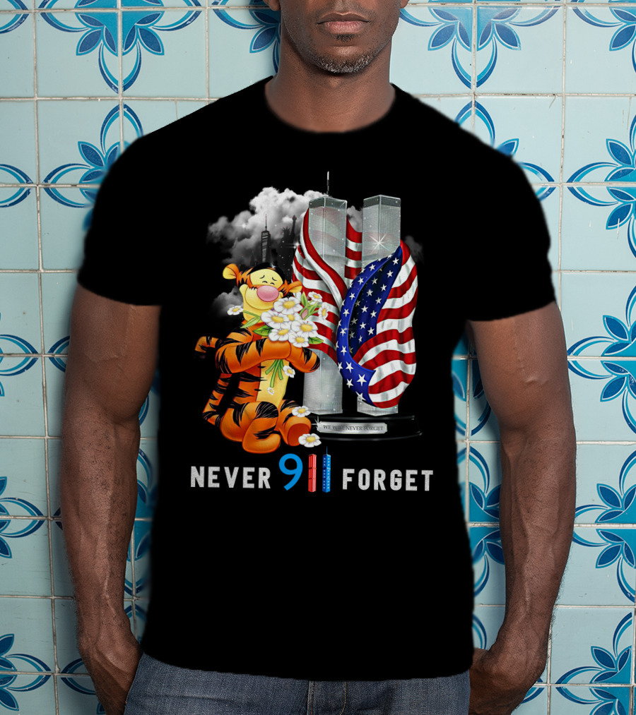Never 911 Forget Tigger Holding Flowers Twin Towers American Flag T-Shirt