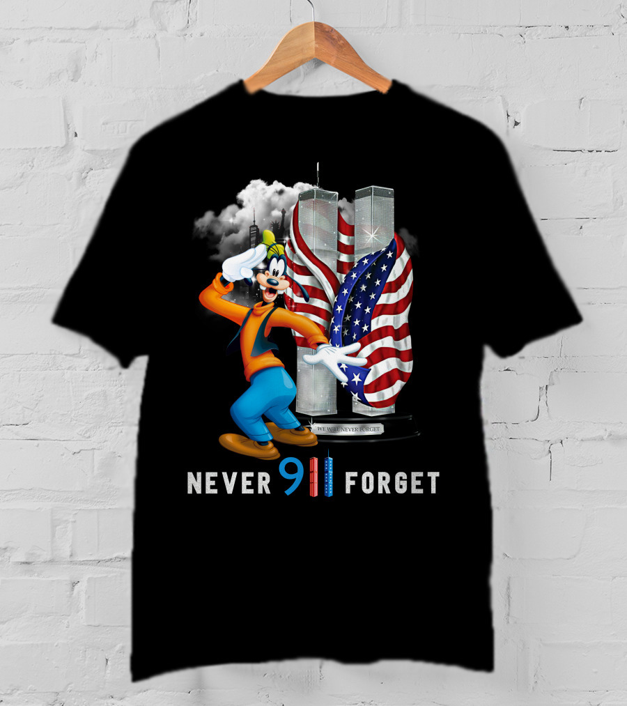 Never 911 Forget Goofy-D Twin Towers Salute American Flag T-Shirt
