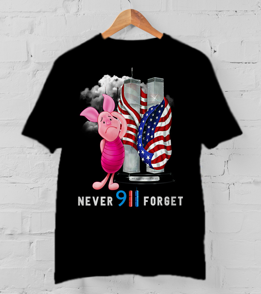 Never 9 11 Forget Piglet Twin Towers American Flag T-Shirt